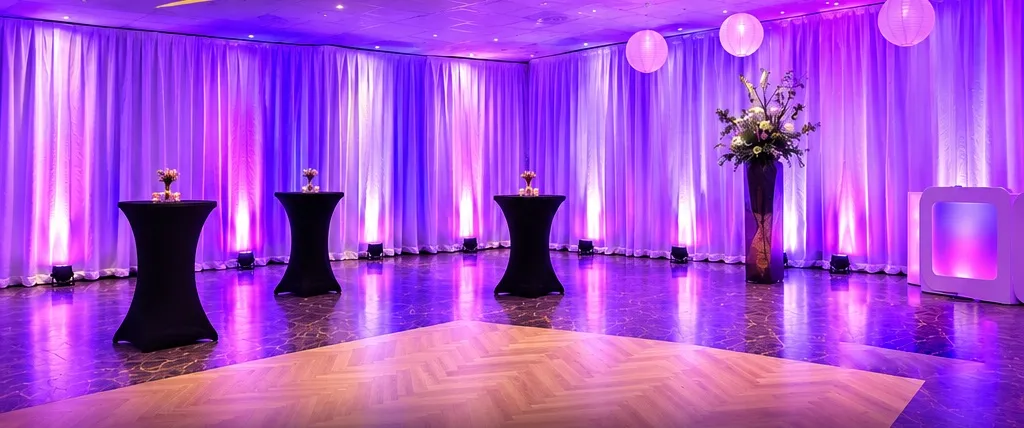 Feestzaal met pipe & drape en sfeerverlichting, na de opbouw