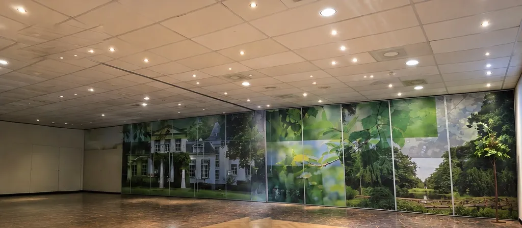 Feestzaal met pipe & drape, voor de opbouw van de lichtshow