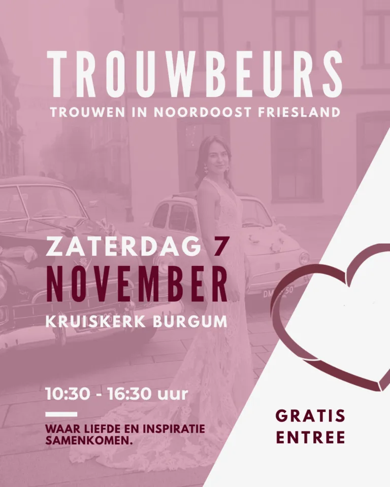 Affiche trouwbeurs Trouwen in Noordoost Friesland, zaterdag 7 november 2026 in de Kruiskerk in Burgum