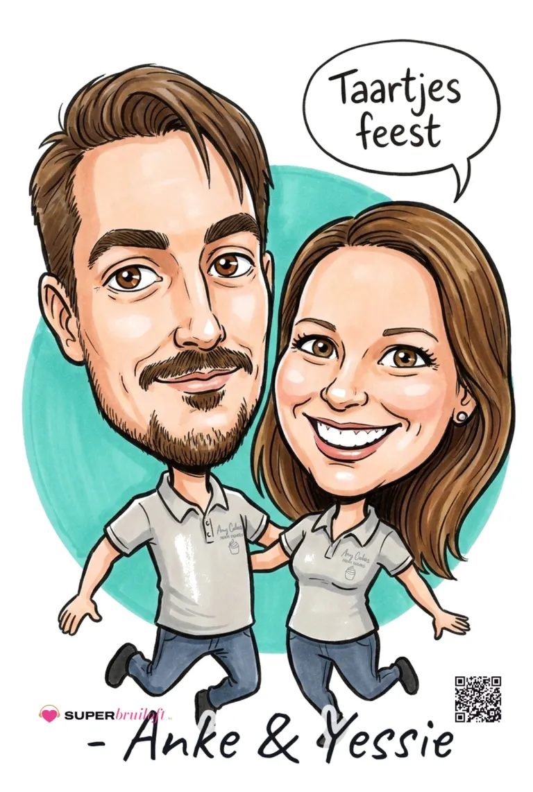 Karikatuur van Anke en Yessie met de wens Taartjes feest
