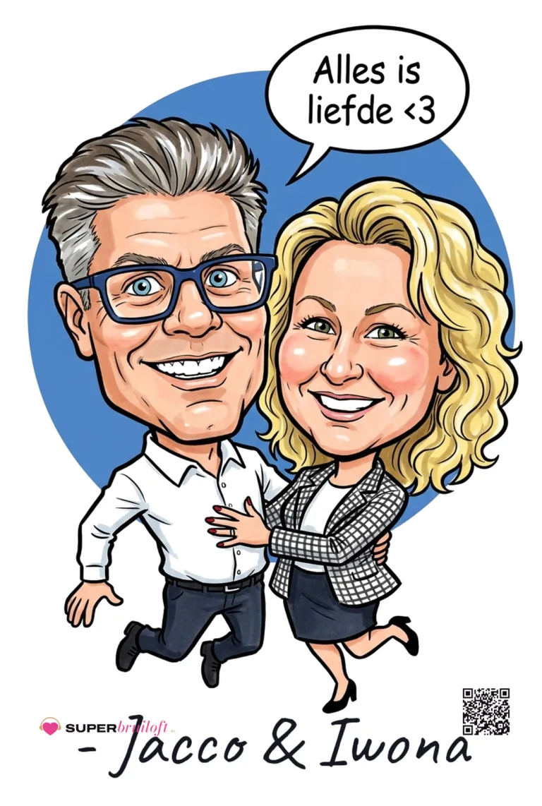 Karikatuur van Jacco en Iwona met de wens Alles is liefde