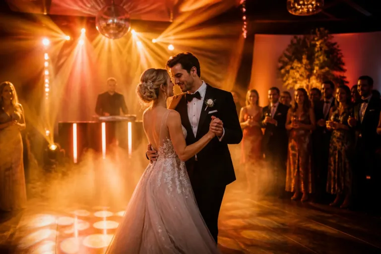 bruidspaar danst openingsdans terwijl dj op de achtergrond draait met kleurrijke verlichting